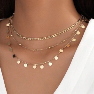 Minimalist Design Metal Sequins Double Layers Women Wholesale Costume Necklace - Golden