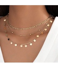 Minimalist Design Metal Sequins Double Layers Women Wholesale Costume Necklace - Golden