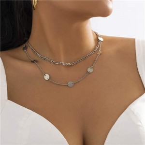 Minimalist Design Metal Sequins Double Layers Women Wholesale Costume Necklace - Silver