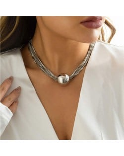 Punk Style Alloy Ball Pendant Multilayer Bold Weaving Fashion Women Wholesale Costume Necklace - Silver