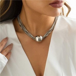 Punk Style Alloy Ball Pendant Multilayer Bold Weaving Fashion Women Wholesale Costume Necklace - Silver