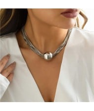 Punk Style Alloy Ball Pendant Multilayer Bold Weaving Fashion Women Wholesale Costume Necklace - Silver