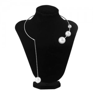 Big Pearl Pendant Unique Design Open-end Women Wholesale Choker Necklace - Silver