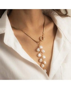 Vintage Pearl Tassel Long Flat Chain Unique Fashion Wholesale Women Costume Necklace - Golden
