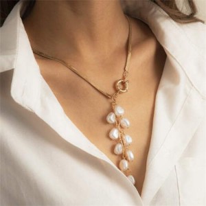 Vintage Pearl Tassel Long Flat Chain Unique Fashion Wholesale Women Costume Necklace - Golden