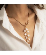 Vintage Pearl Tassel Long Flat Chain Unique Fashion Wholesale Women Costume Necklace - Golden