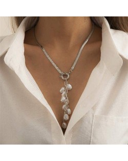 Vintage Pearl Tassel Long Flat Chain Unique Fashion Wholesale Women Costume Necklace - Silver