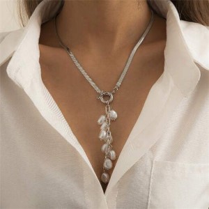 Vintage Pearl Tassel Long Flat Chain Unique Fashion Wholesale Women Costume Necklace - Silver