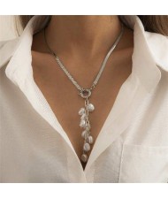 Vintage Pearl Tassel Long Flat Chain Unique Fashion Wholesale Women Costume Necklace - Silver