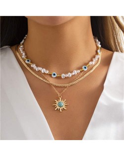 Vintage Ethnic Style Sun Pendant Long Flat Chain Unique Pearl Style Triple Layers Wholesale Necklace