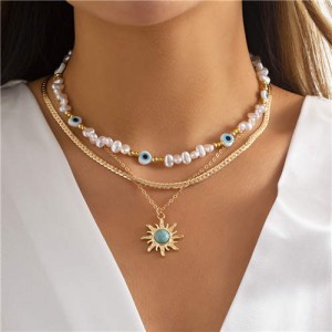 Vintage Ethnic Style Sun Pendant Long Flat Chain Unique Pearl Style Triple Layers Wholesale Necklace