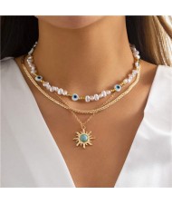 Vintage Ethnic Style Sun Pendant Long Flat Chain Unique Pearl Style Triple Layers Wholesale Necklace