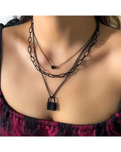 Sweet Cool Style Heart and Lock Pendant Black Three Layers Chain Wholesale Necklace