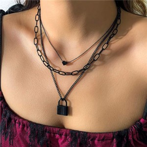 Sweet Cool Style Heart and Lock Pendant Black Three Layers Chain Wholesale Necklace