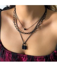 Sweet Cool Style Heart and Lock Pendant Black Three Layers Chain Wholesale Necklace