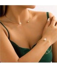 Bussiness Woman Style Pearl and Metal Ball Open-end Choker Necklace and Bangle Jewelry Set - Golden