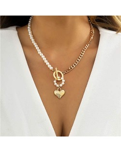 Vintage Elegant Style Pearl and Alloy Chain Mix Combo Love Heart Pendant Women Wholesale Necklace - Golden