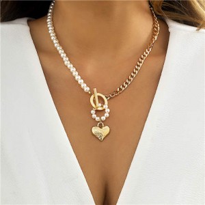 Vintage Elegant Pearl and Alloy Chain Mix Combo Love Heart Pendant Women Jewelry Wholesale Necklace - Golden