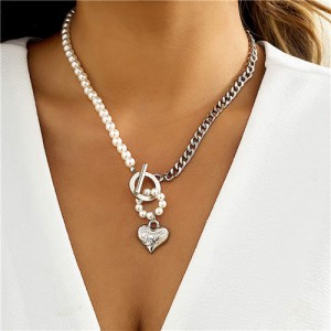 Vintage Elegant Pearl and Alloy Chain Mix Combo Love Heart Pendant Women Jewelry Wholesale Necklace - Silver