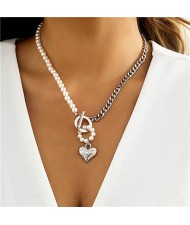 Vintage Elegant Style Pearl and Alloy Chain Mix Combo Love Heart Pendant Women Wholesale Necklace - Silver