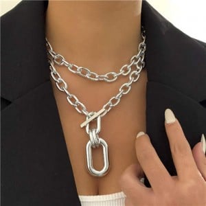 Two Layer Thick Alloy Chain Punk Fashion Wholesale Jewelry Chunky Necklace - Silver