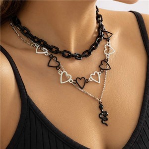 Black Chain Fashion Wholesale Jewelry Peach Hearts Snake Pendant Multi-layers Punk Necklace
