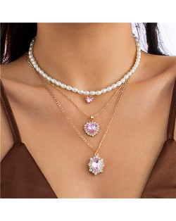 Romantic Pink Peach Heart Pendants Multi-layer Pearl Fashion Graceful Women Wholesale Necklace