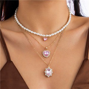 Romantic Pink Peach Heart Pendants Jewelry Multi-layer Pearl Fashion Graceful Women Wholesale Necklace
