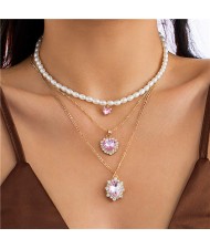 Romantic Pink Peach Heart Pendants Multi-layer Pearl Fashion Graceful Women Wholesale Necklace