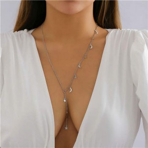 Minimalist Moon and Star Decorated Long Tassel Jewelry Wholesale Lariat Necklace - Silver