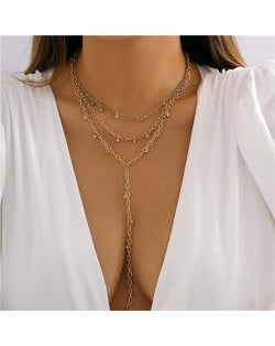 Mini Rhinestone Pendants Three Layer Long Tassel Wholesale Fashion Necklace - Golden