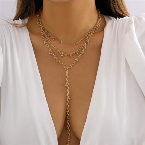 Mini Rhinestone Pendants Three Layer Long Tassel Wholesale Fashion Jewelry Necklace - Golden