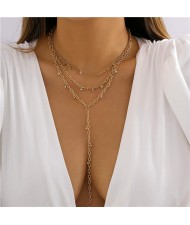 Mini Rhinestone Pendants Three Layer Long Tassel Wholesale Fashion Necklace - Golden