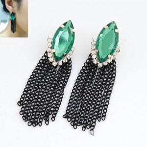 Luxurious Korean Fashion Green Gem Inlaid Tassels Earrings