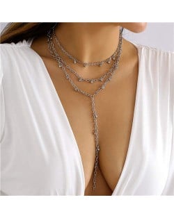 Mini Rhinestone Pendants Three Layer Long Tassel Wholesale Fashion Necklace - Silver