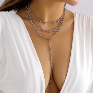 Mini Rhinestone Pendants Three Layer Long Tassel Wholesale Fashion Jewelry Necklace - Silver