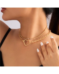 Rhinestone Chain Hollow-out Heart Pendant Double Layer Choker Wholesale Necklace - Golden