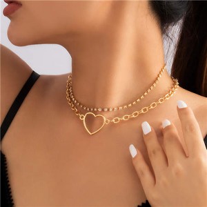 Rhinestone Chain Hollow-out Heart Pendant Double Layer Choker Jewelry Wholesale Necklace - Golden