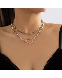 Rhinestone Chain Hollow-out Heart Pendant Double Layer Choker Wholesale Necklace - Silver