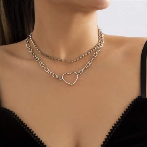 Rhinestone Chain Hollow-out Heart Pendant Double Layer Choker Jewelry Wholesale Necklace - Silver