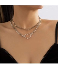 Rhinestone Chain Hollow-out Heart Pendant Double Layer Choker Jewelry Wholesale Necklace - Silver