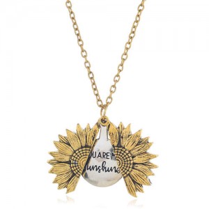 Vintage Sunflower and Engraving Round Pendants U.S. Fashion Jewelry Wholesale Necklace - Golden