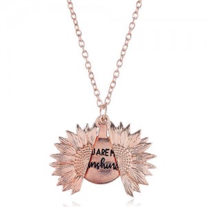 Vintage Sunflower and Engraving Round Pendants U.S. Fashion Jewelry Wholesale Necklace - Rose Gold