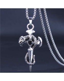 Hip-hop Style Vintage Snake Cross Pendant Men Statament Long Chain Necklace - Black