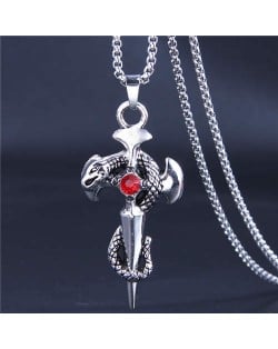 Hip-hop Style Vintage Snake Cross Pendant Men Statament Long Chain Necklace - Red