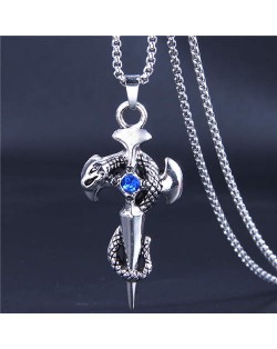 Hip-hop Style Vintage Snake Cross Pendant Men Statament Long Chain Necklace - Blue