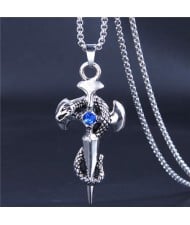 Hip-hop Style Vintage Snake Cross Pendant Men Statament Long Chain Necklace - Blue