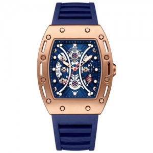 Wine Barrel Shape Curved Mirror Hollow Style Waterproof Luminous Dial Multifunctional Men Sport Wrist Watch