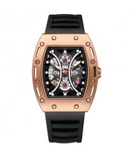 Wine Barrel Shape Curved Mirror Hollow Style Waterproof Luminous Dial Multifunctional Men Sport Wrist Watch