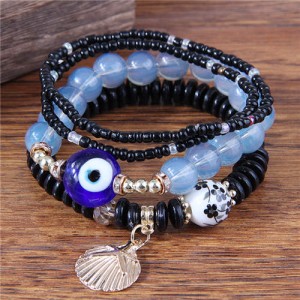 Evil Eye Decorated Seashell Beads Fashion Women Friendship Bracelet - Black